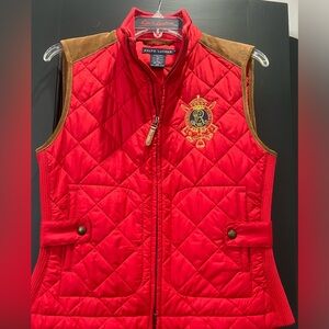 Ralph Lauren Sport M Red Quilted Vest Gilet Equestrian Riding Polo Calf Suede